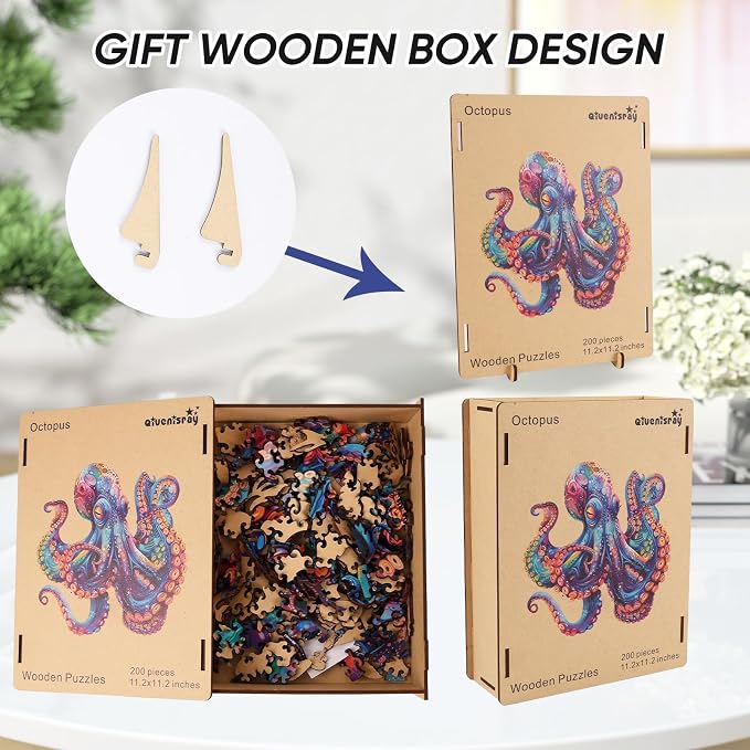 Qiuenisray Wooden Puzzles for Adults, Octopus Ocean Jigsaw Puzzle 200 Piece | Cool Wood Puzzle Wall Decor, FSC Certified Unique Animal Adult Puzzles Piece, Creative Gift for Family Game 11.2x11.2 in
