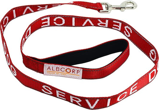 Albcorp Service Dog Leash - Embroidered- with Padded Neoprene Handle and Reflective threads, 4 Feet, for Harnesses, Vests or Collars, Red