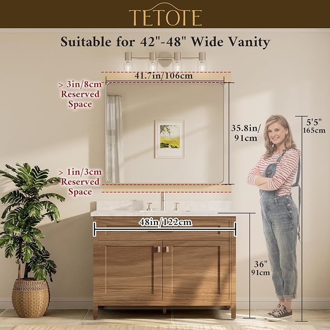 TETOTE Black Framed Mirrors for Bathroom, 42 x 36 Inch Modern Decorative Wall