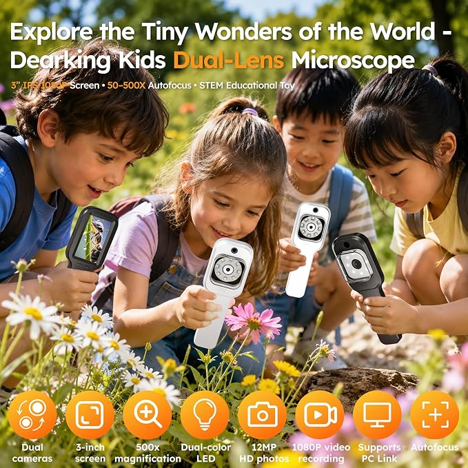 Kids Microscope Camera Autofocus Magnifier 500X STEM Gift Toy for Ages 4-12 | Handheld Digital Magnifying Glass Camera with 3.0" HD Screen and Photo/Video Record, Portable Edu Science Kits for Children