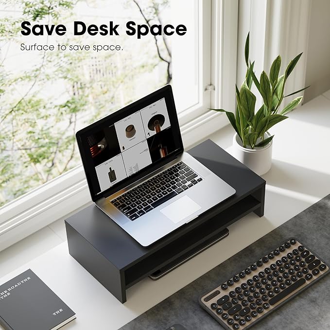 FITUEYES Monitor Stand - 2 Tier Computer Monitor Riser with 21.3 Inch Shelf, Wood Desktop Stand for Laptop Computer Screen, Desk Organization, Office Supplies