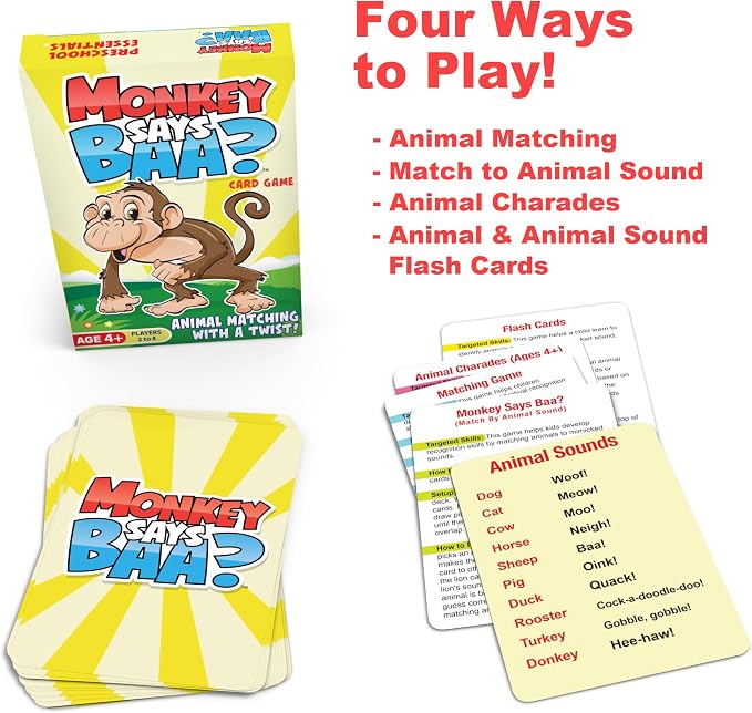 Monkey Says Baa? – Animal Matching Game for Kids Ages 4 and Up | Fun Preschool Learning Activities with Mimicked Animal Sounds & Charades for Sensory Play – Birthday Gift for Boys & Girls (Pack of 2)