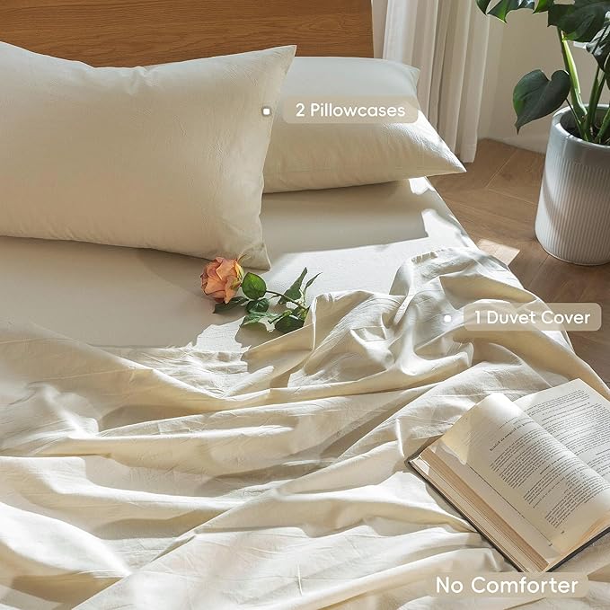 MooMee Bedding Duvet Cover Set 100% Washed Cotton Linen Like Textured Breathable Durable Soft Comfy (Heathered Almond Milk Grey, Alaska King 132"x120")