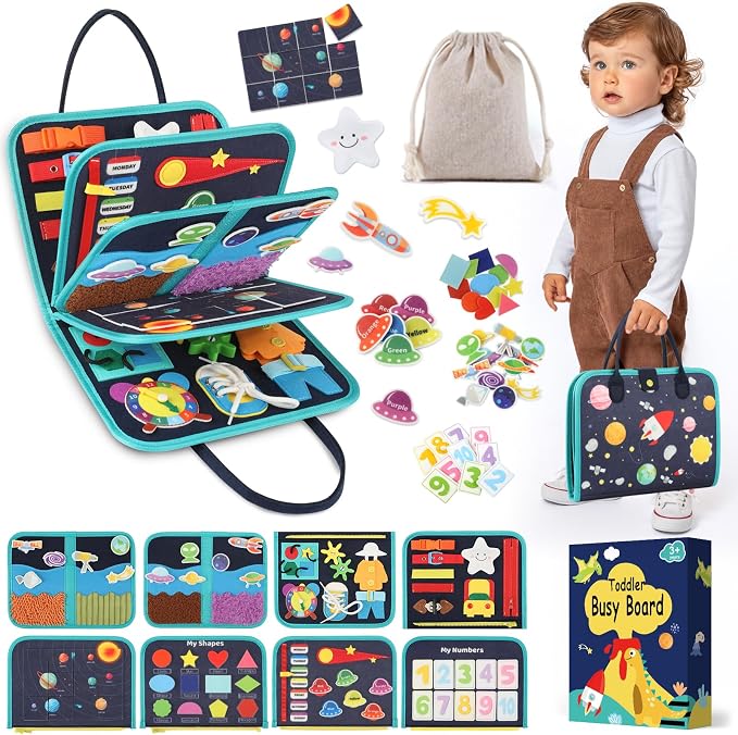 Toddler Sensory Busy Board: Travel Toy Activity Book for Girls Boys, Motor Skill Development Gift for Baby Aged 3-4 Years, Fine Educational Preschool Montessori Learning Toy for Car Airplane Space