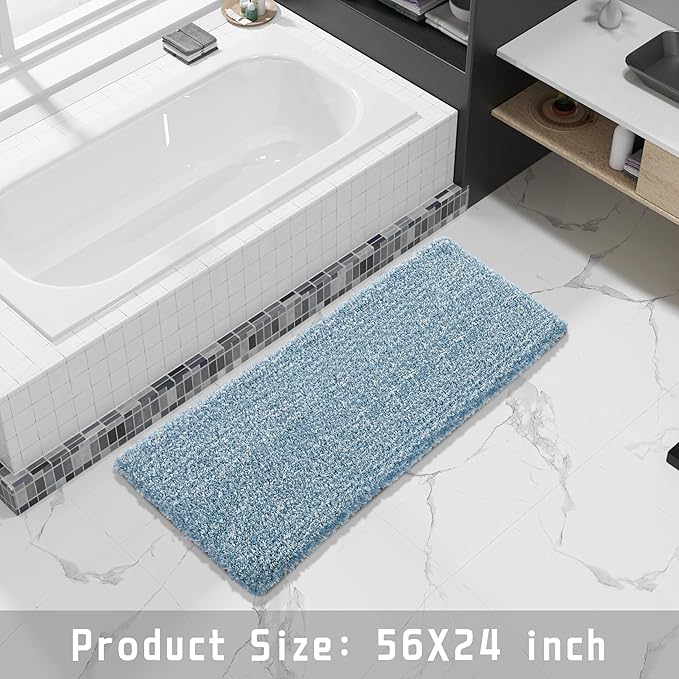 Yimobra Luxury Bathroom Rugs, Fluffy Bath Mats, Non Slip, Water Absorbent Microfiber, Machine Washable, Plush Runner Shower Rugs, Thick Matts for Bathroom Floor&Tub, 56"x 24", Denim Blue and White