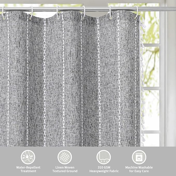 MitoVilla Dark Grey Boho Extra Long Shower Curtain 72 x 84, Dark Grey Modern Farmhouse 84 inch XL Polyester Linen Fabric Shower Curtain Set with Hooks for Cottagecore Country Bathroom Decor