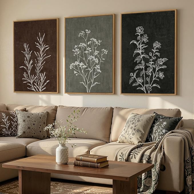 Framed Boho Botanical Wall Art for Living Room, 3 Piece Rustic Floral Canvas