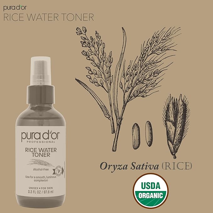 PURA D'OR 3.3 Oz Rice Water Facial Toner - Hydrating, Balancing & Soothing Formula with Natural Extracts - Skin Texture Support for Radiant Skin - Alcohol-Free - Travel Size