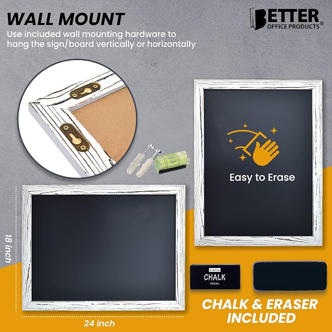 Better Office Products Magnetic Wall Chalkboard, Large Size 18" x 24", Rustic