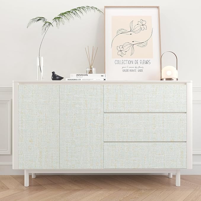 VEELIKE Pale Green Gold Grasscloth Wallpaper Textured Faux Grasscloth Peel and
