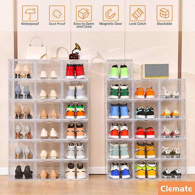 Clemate Upgraded X-Large Shoe Storage Box,8 Pack,Shoe Box Clear Plastic Stackable,Drop Front Shoe Box with Clear Door,Shoe Organizer and Shoe Containers For Sneaker Display,Fit up to US Size13