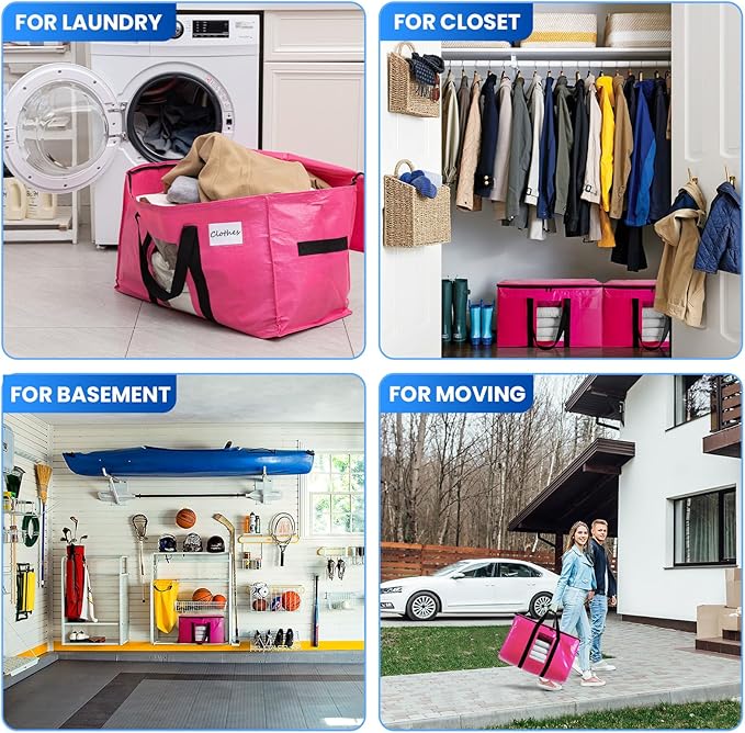 TAILI 8 Pack Pink Extra Large Moving Bags, Heavy Duty Totes with Visible Window, Wrap Around Handles, Space-Saving Storage, Alternative to Moving Boxes
