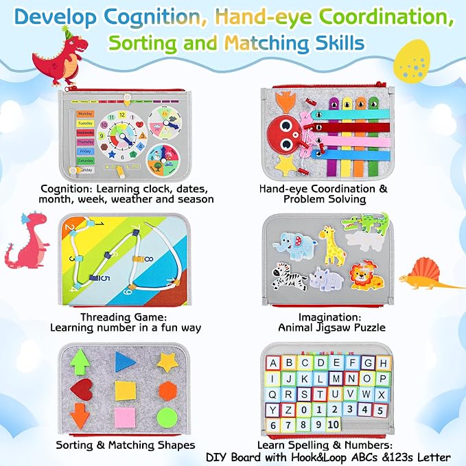Esjay Busy Board Montessori Toys for Boys Girls, Sensory Book Educational Activities for Learning Fine Motor Skills, Birthday Gifts, Travel Toys for Airplane Car,Grey Multipages