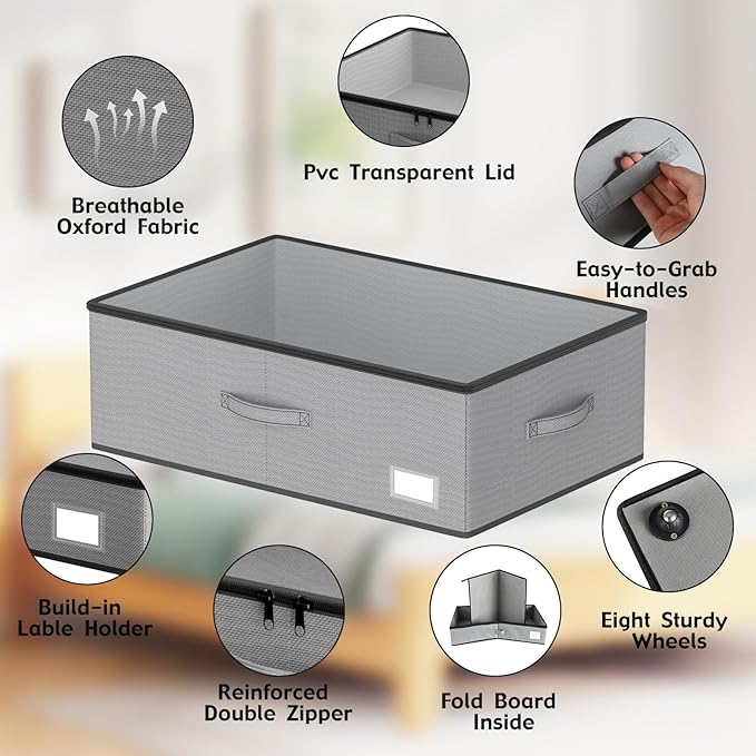 Under Bed Storage with Wheels, No Assemble Required 12 inches height Under Bed Storage bins,Large capacity Rolling Underbed Shoe Storage containers，dorm underbed storage drawers