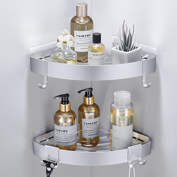 DUFU Adhesive Corner Shower Caddy with Hooks,Bathroom Shower Organizer, No Drilling Rust Proof Aluminum Shower Shelf for Inside Shower 2 Pack (Silver)