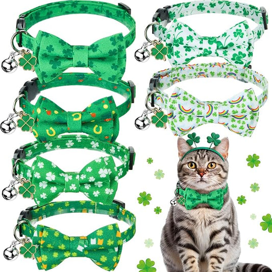 Hsei 6 Pcs St. Patrick's Day Cat Collar Bulk with Bow Tie Bell Irish Lucky Shamrocks Clover Green Hats Rainbows Kitten Adjustable Breakaway Bowtie Collar for Cats Small Dog Holiday Party Favors Gifts