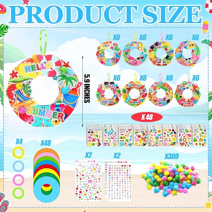 Hollowfly 48 Sets Summer Wreath Craft Kits DIY Paper Hanging Ornaments | Kids Summer Crafts, Door Wreath Decorations for Party Favors, Colorful Paper Rings, Tropical Fruit Flamingo Stickers