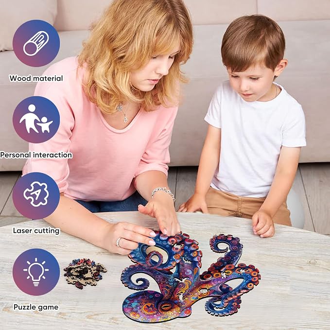 Mys Aurora Octopus Puzzles for Adults, 5MM Thick Jigsaw Puzzles 200 Pieces | Unique Shape Puzzle Ocean Wood Puzzles for Adults and Kids Birthday Gifts Family Game 11.2 * 11.2inch