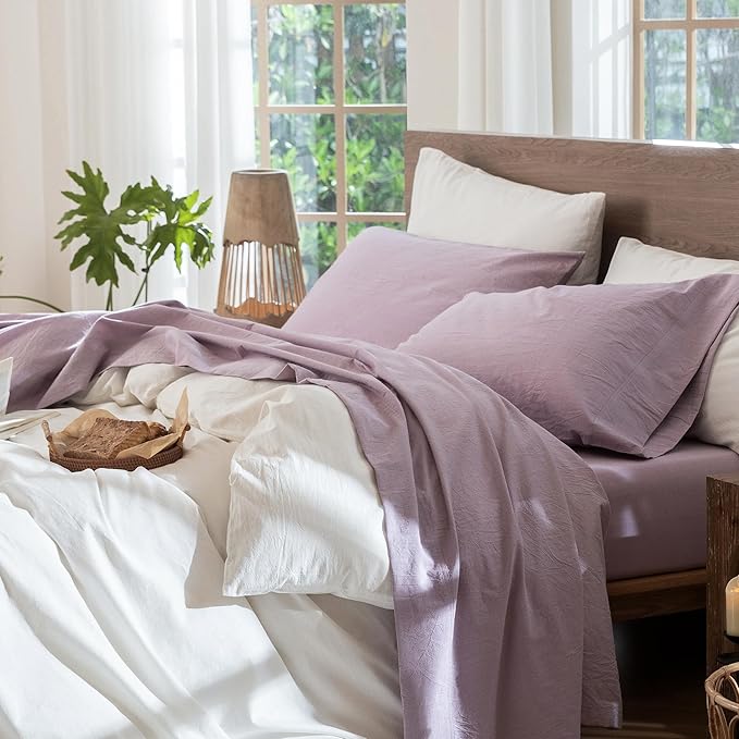 MooMee Bedding Sheet Set 100% Washed Cotton Linen Like Textured Breathable Durable Soft Comfy (Heathered Light Purple, Queen)