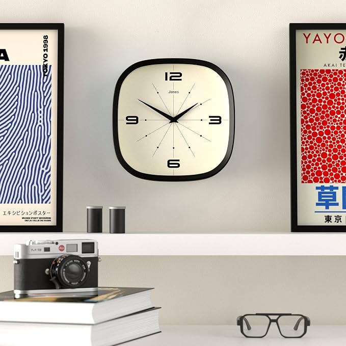 JONES CLOCKS® Pulsar wall Clock | Square Rounded Retro Clock | 10 inch | Black