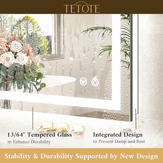 TETOTE 30 x 30 Inch LED Bathroom Mirror with Frontlit and Backlit, Brighter Light up Bathroom Vanity Mirror with Lights, 3-Color Dimmable Illuminated Anti Fog Mirror Wall Mounted, Waterproof