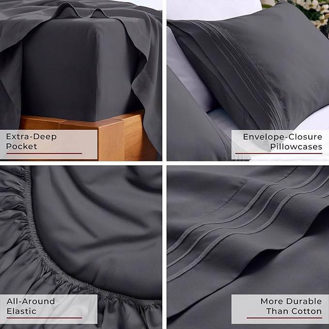 Mellanni Twin XL Sheets Set - 3 PC Iconic Collection Bedding - Hotel Luxury, Extra Soft, Cooling Bed Sheets - Wrinkle, Fade, Stain Resistant (Twin Extra Long, Charcoal)