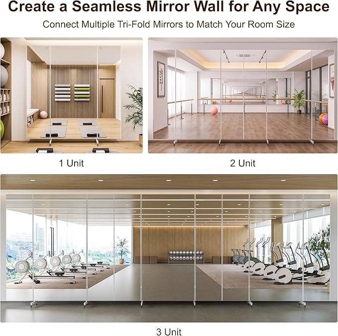 Brisafe 81" x 81" Extra Large Full Length Tri-Fold Mirror on Wheels, Stand Up Movable Floor Mirror with Stand, 3-Way Folding Standing Mirror for Gym, Dance Studio, Fitness Room & Home, Silver