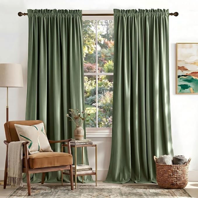 NICETOWN Sage Green Extra Wide Velvet Curtains 84 inches Long 2 Panels