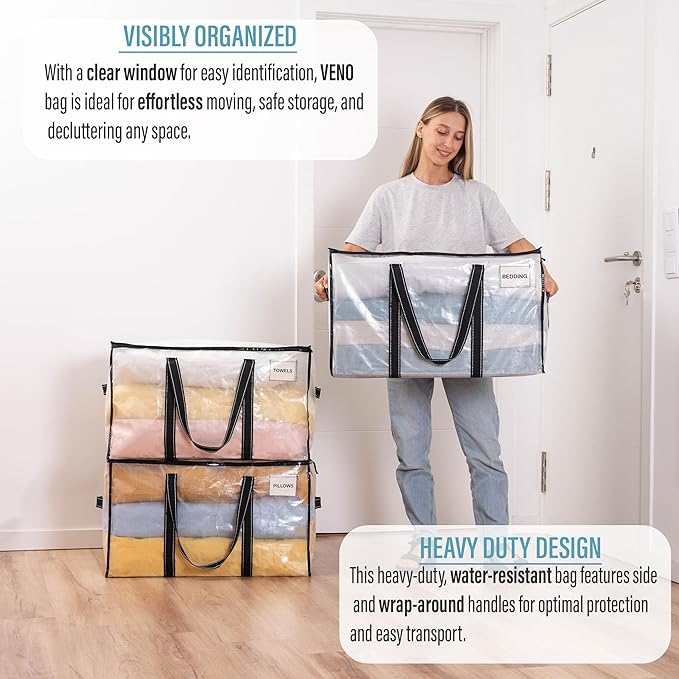 VENO 10 Pack Clear Moving Bags Christmas Storage Bags, Large Storage Bins with Lids, Heavy Duty Holiday Decor Organizers Moving Boxes Tote Packing Garland Ornament Supplies for College Dorm Clothes