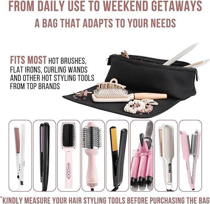 BAREFOOT CARIBOU Hair Tools Travel Bag and Heat Resistant Mat for Flat Irons, Straighteners, Curling Iron, and Haircare Accessories, 2-in-1 design, with Interior Pockets, Portable Organizer