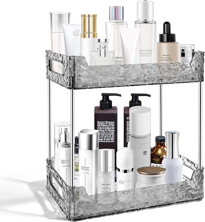 2-Tier Bathroom Counter Organizer Countertop Storage, Dresser Organizer Vanity Tray for Makeup, Perfume Organizer Cosmetics Skincare Shelf - Grey