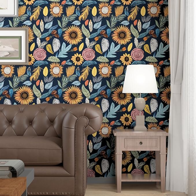 Blue Boho Wallpaper Peel and Stick, Vintage Floral Contact Paper 17.5" x 118"