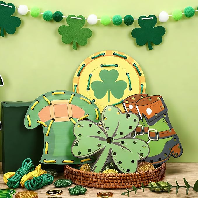 JULEASEL Lucky Lacing Cards Wooden Crafts Fine Motor Skills | Fun shamrock and holiday themed designs perfect for St. Patrick’s Day craft and classroom activities.