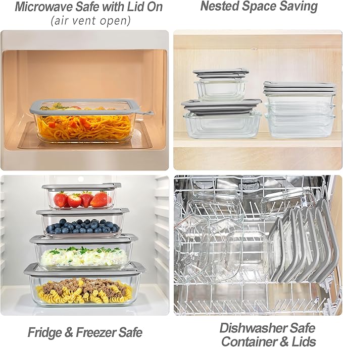 Glass Food Containers with Glass Lid, Microwave Safe Food Storage Container Set, 2 Pack of 50oz, Large Size Airtight Storage Set with Leak Proof Lids, Meal Prep Containers
