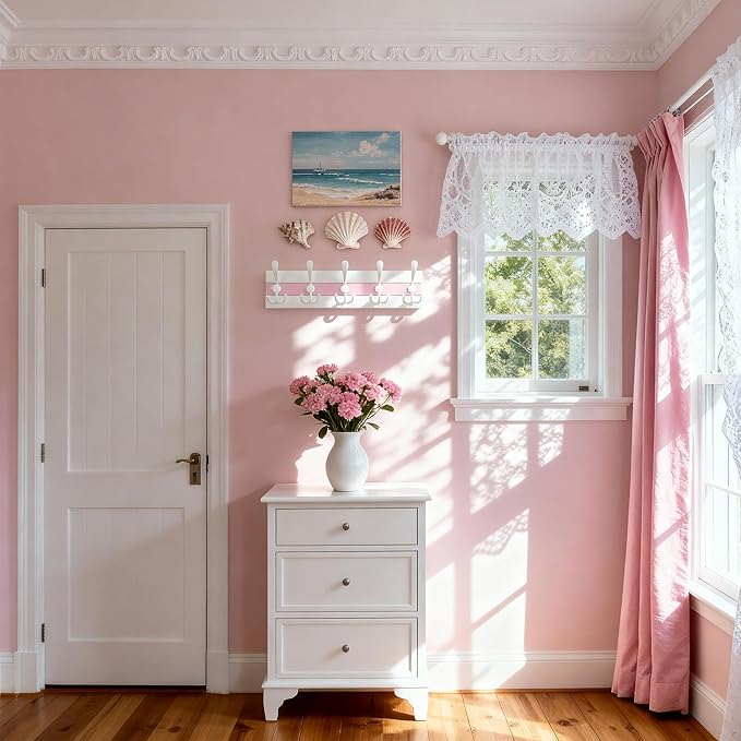 SKOLOO Coastal Wall Mounted Coat Rack-16.88" Beach House Entryway Wooden Coat Hook with 5 Hooks for Hanging Coats, Hats or Towels, Oceanfront Cottage Core Collection, White&Palm Beach Pink, Pack of 2