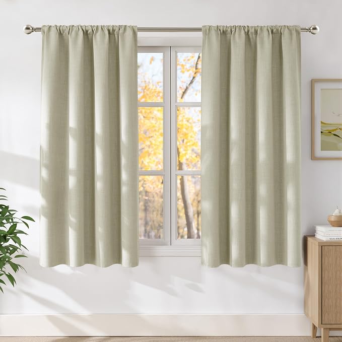 NICETOWN Beige Faux Linen Room Darkening Rod Pocket Curtains 63 inch Length