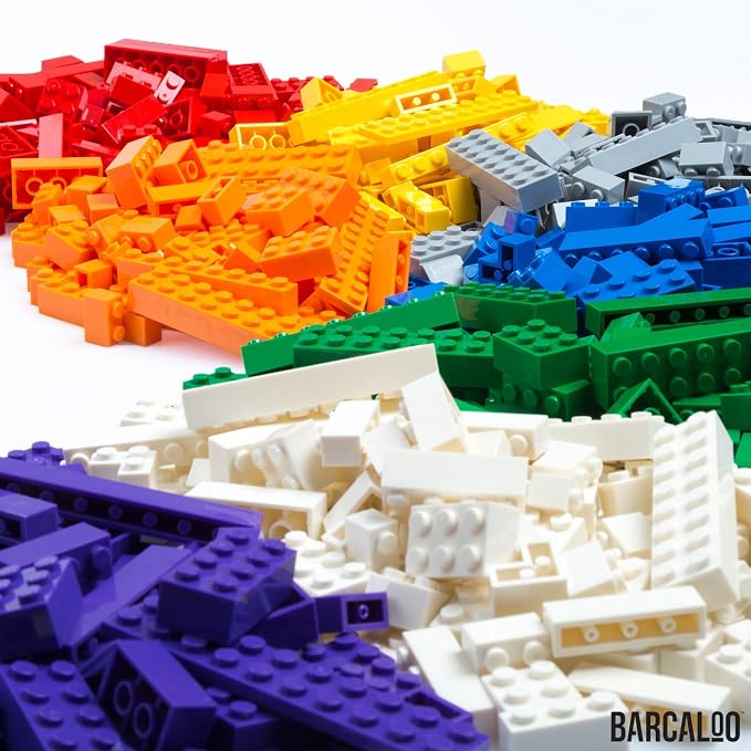 Barcaloo 1000 Piece Building Bricks Kit - Classic Colors, Axles Included | Includes Storage Bucket, Includes Wheels & Tires, Windows & Doors Pieces, Compatible with All Major Brands