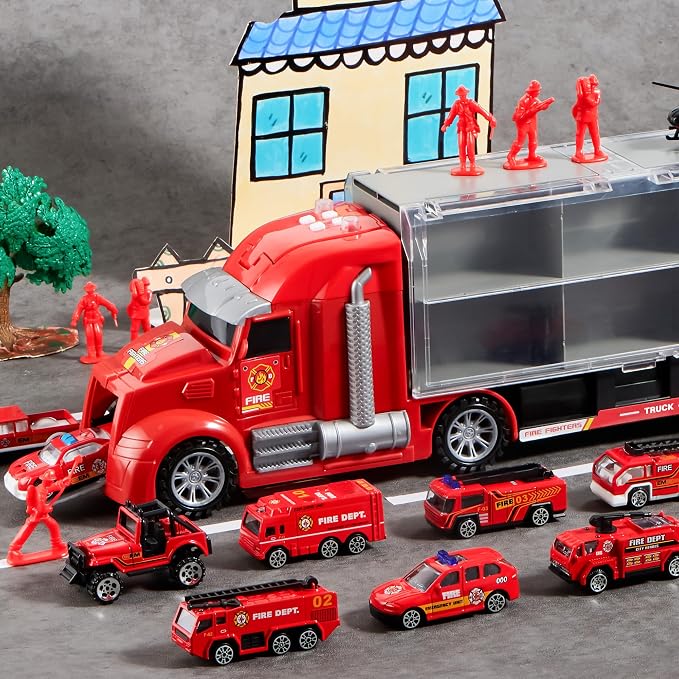JOYIN 25 in 1 Fire Truck Vehicle Toy Set with Sounds and Lights, Fire Engine Vehicles in Carrier Truck, Mini Rescue Emergency Car Toy, Birthday Gifts for Over 3 Years Old Boys