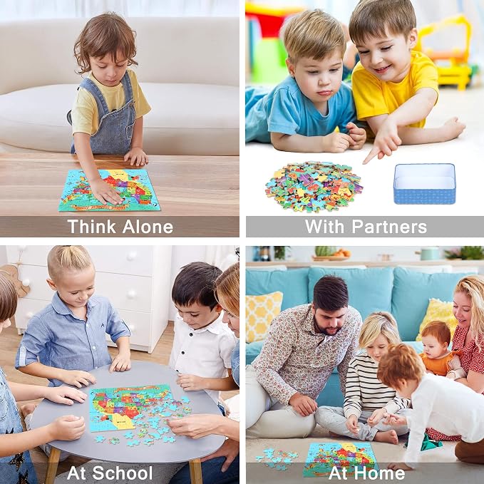 LELEMON Puzzles for Kids Ages 4-6,USA Map 100 Piece Puzzles for Kids Ages 4-8 in a Metal Box,Educational Jigsaw Puzzles 100 Piece Puzzle Games Puzzle Toys for Girls and Boys