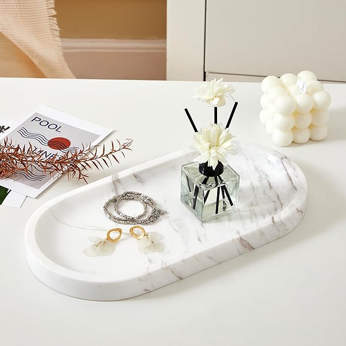 Denique Natural Marble Bathroom Tray, 12"x6" Vanity Tray White Marble Decorative Tray, Countertop Organizer for Perfume & Candles, Jewelry Dish Ring Holder for Bathroom Counter, Vanity, Dresser