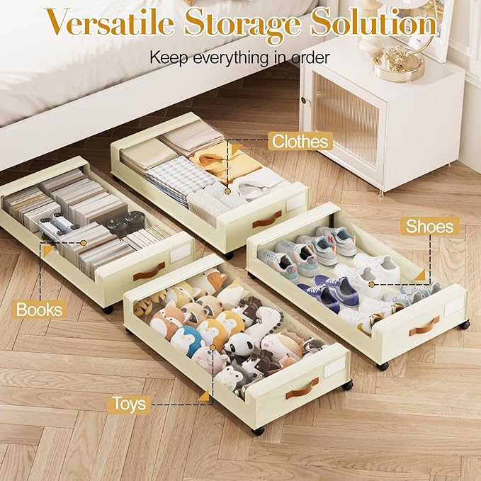 Rolling Under Bed Storage with Lids, 60L, 2 Pack – Beige