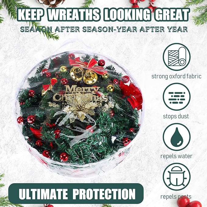 Shappy 4 Pcs 36 Inch Christmas Wreath Storage Container Clear Wreath Storage Bags PVC Waterproof Garland Bags with Clear Window Dual Zippers and Handles for Xmas Holiday Artificial Garland (White)