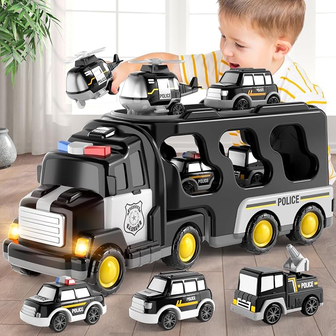Beby Buty 5 in 1 Police Trucks Cars Toys for Toddlers 3-5, Boy Toddler Car Truck Toys with Light Sound, Birthday Gifts Toys for 3 4 5 6 Year Old Boy, Transport Carrier Truck for Toddlers 3-5 Years