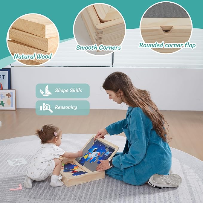 Sensory Board for Toddlers & Kids – Wooden Sensory Sequin Box with Flip Mats, Space Felt Puzzle & Tangram | Montessori Sensory Toy for Calm Down Corner, Autism, Classroom & Daycare