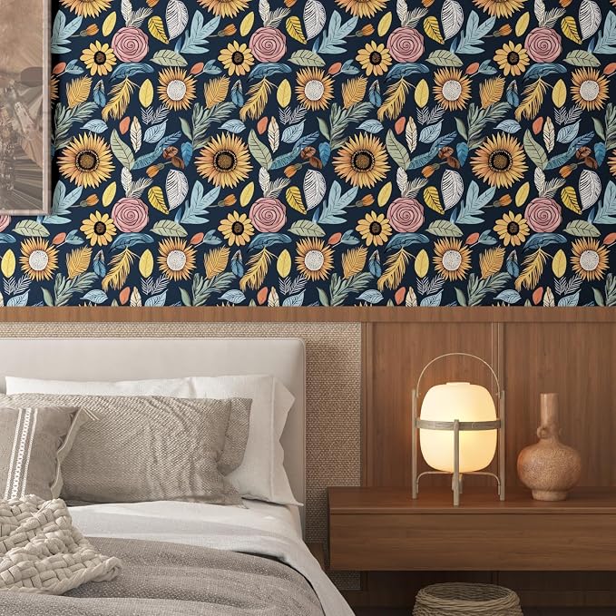 Blue Boho Wallpaper Peel and Stick, Vintage Floral Contact Paper 17.5" x 118"