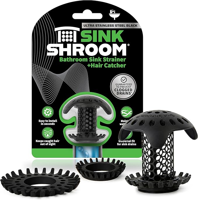 SinkShroom Ultra Bathroom Sink Drain Protector, Stainless Steel, Matte Black, Hair Catcher with Multiple Drain Adapters
