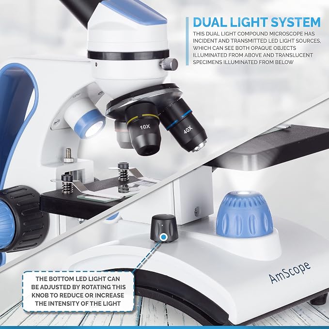 AmScope M162C-2L-WM-SP14-50P100S 1000X Dual Light Glass Lens Metal Frame | 40X-1000X Magnification Range