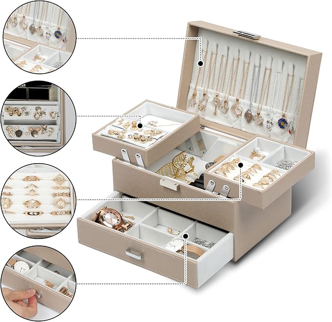 Dajasan Jewelry Box Organizer, Jewelry Boxes for Women Girls, 3 Layers Jewelry Gift Box for Christmas, Valentine's Day, Birthday, Mother's Day (Champagne)