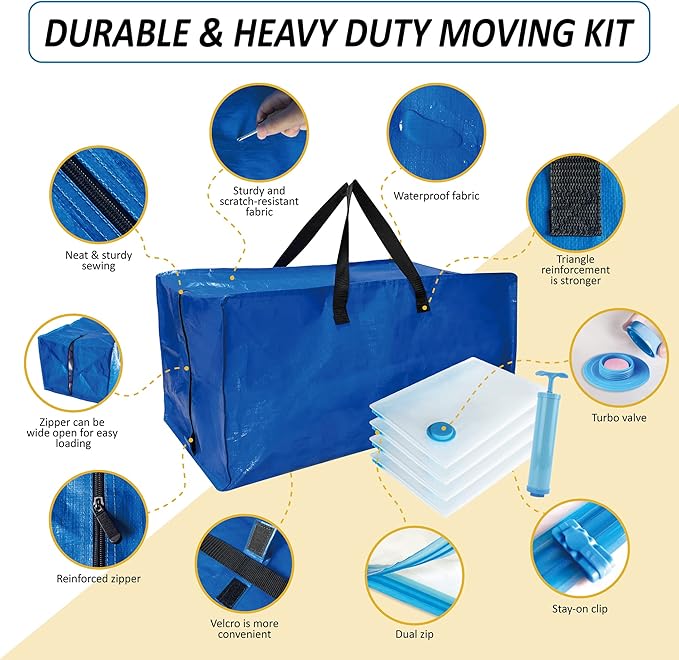 8 Pack Heavy Duty Extra Large Moving Bags with Backpack Straps & Large Vacuum Storage Bags Moving Supply Combo, Moving Totes with Handles & Zippers for Space Saving, Fold Flat, Includes Vacuum Bags