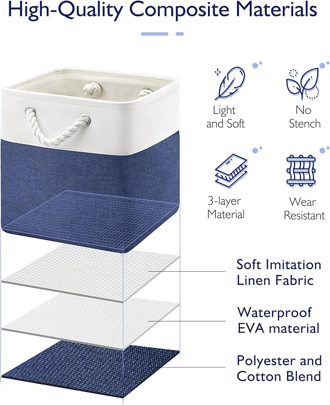 11 Inch Storage Cubes 6-Pack, Foldable Fabric Organizer Bins with Rope Handles, Cube Storage Baskets for Closet Shelves and Home Organization(White/Blue)